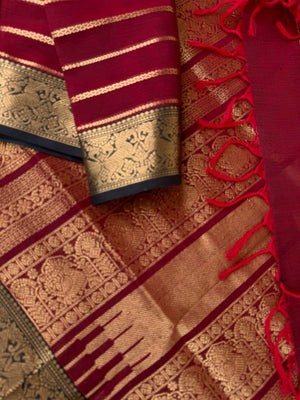 Zari Kissed Silk Cotton - wine maroon veldhari with black yali woven borders