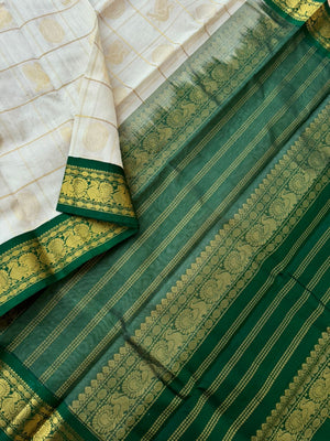 Korvai Silk Cotton - off white and green mayil chackaram