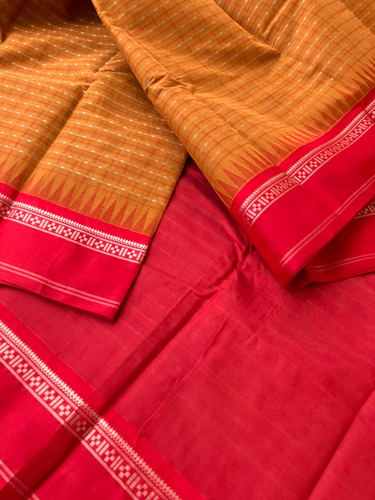 Mira - Our Exclusive Cotton body with Pure Silk Korvai Borders - mustard and red lakshadeepam