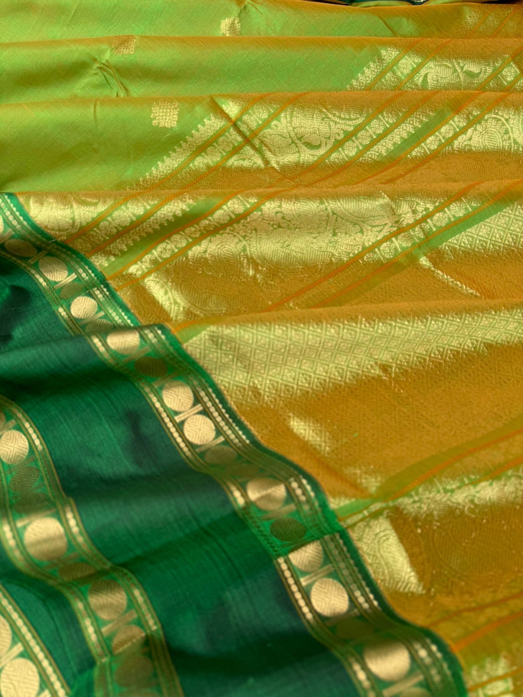 Zari Kissed Silk Cotton - mustard mixed green kolam woven buttas