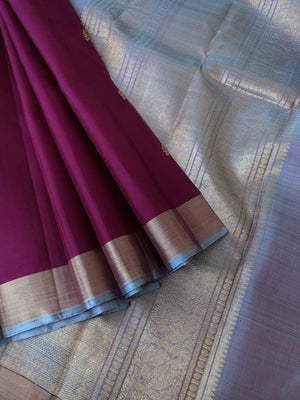 Radhee - Rare Find Kanchivarams - unusual deep purple majenta body and greyish blue pallu and blouse