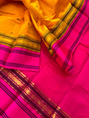 Divyam - Korvai Silk Cotton with Pure Silk Woven Borders - mustard and pink