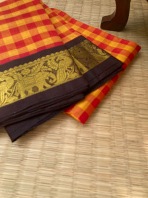 Paalum Palamum Kattams Korvai Silk Cottons - mustard and red chex with coffee bean