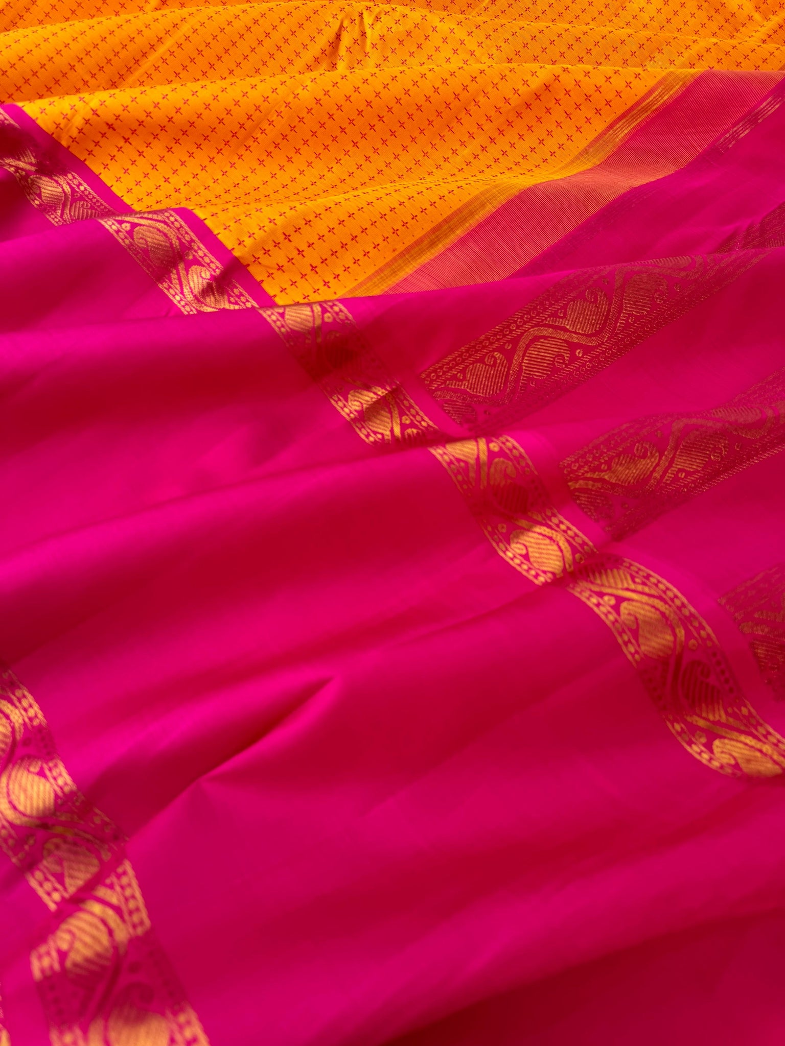 Truly Vintage - amazing mango yellow and pink with kodi mangai woven korvai borders with full body woven pluse buttas