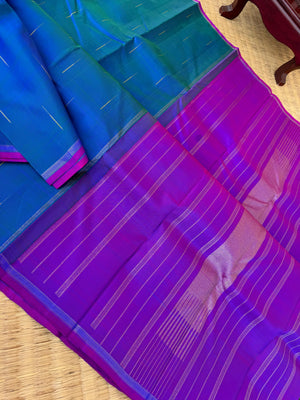 Kanchivaram Trunk - Every Day Essential Kanchivarams | Dual tone peacock blue green malli mokku woven body with violet pallu and blouse