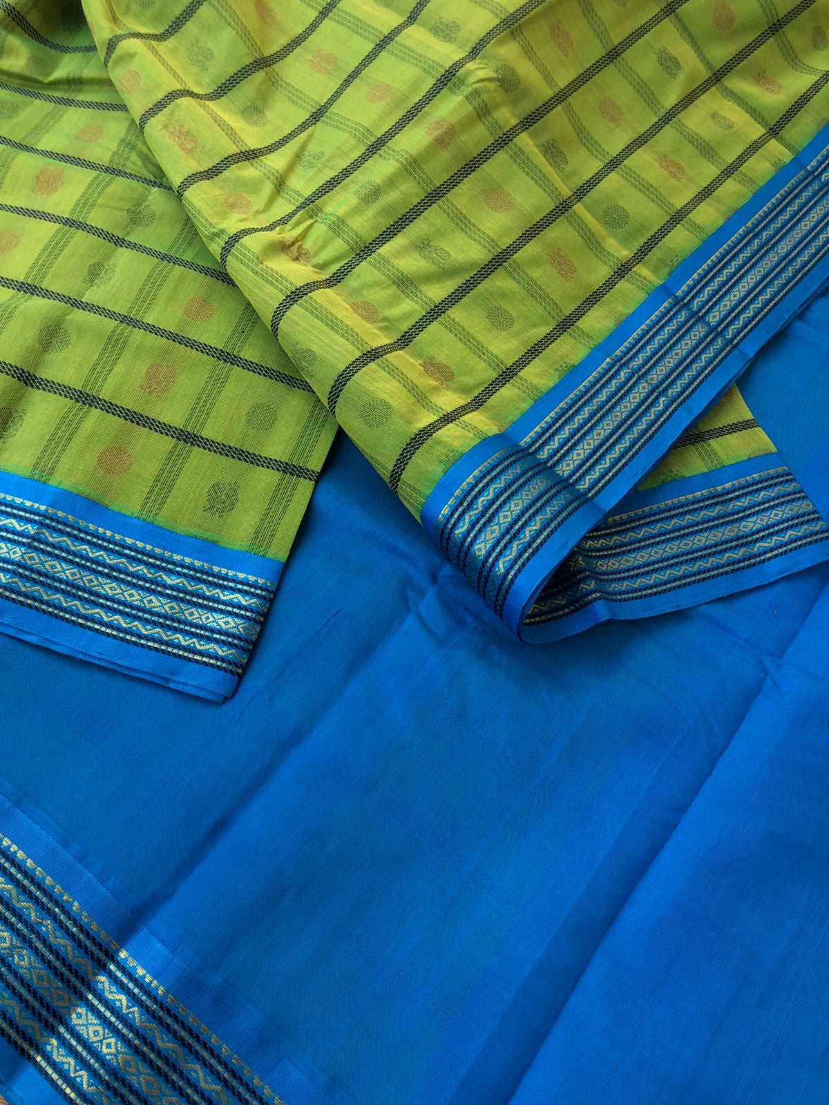 Divyam - Korvai Silk Cotton with Pure Silk Woven Borders - apple green and blue 1000 buttas