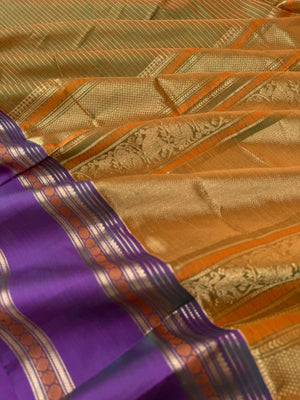 Zari Kissed Silk Cotton - unusual mehandhi mustard oosi strips woven body with rudurakasham woven borders