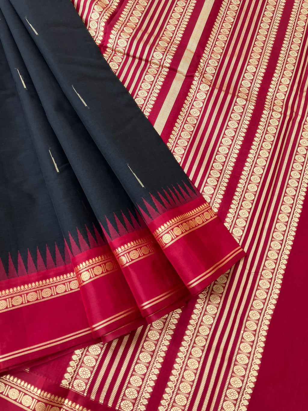 Mira - Our Exclusive Cotton body with Pure Silk Korvai Borders - black and aaraku