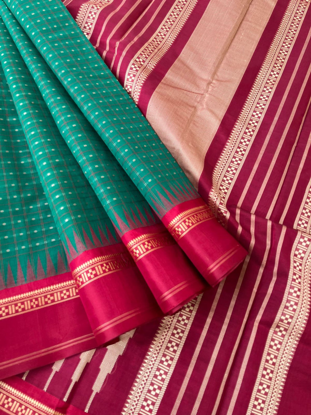 Mira - Our Exclusive Cotton body with Pure Silk Korvai Borders - Meenakshi green and deep red lakshadeepam