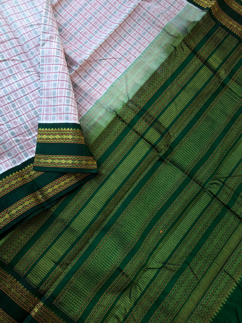 Divyam - Korvai Silk Cotton with Pure Silk Woven Borders - off white Lakshadeepam with Meenakshi green borders pallu and blouse