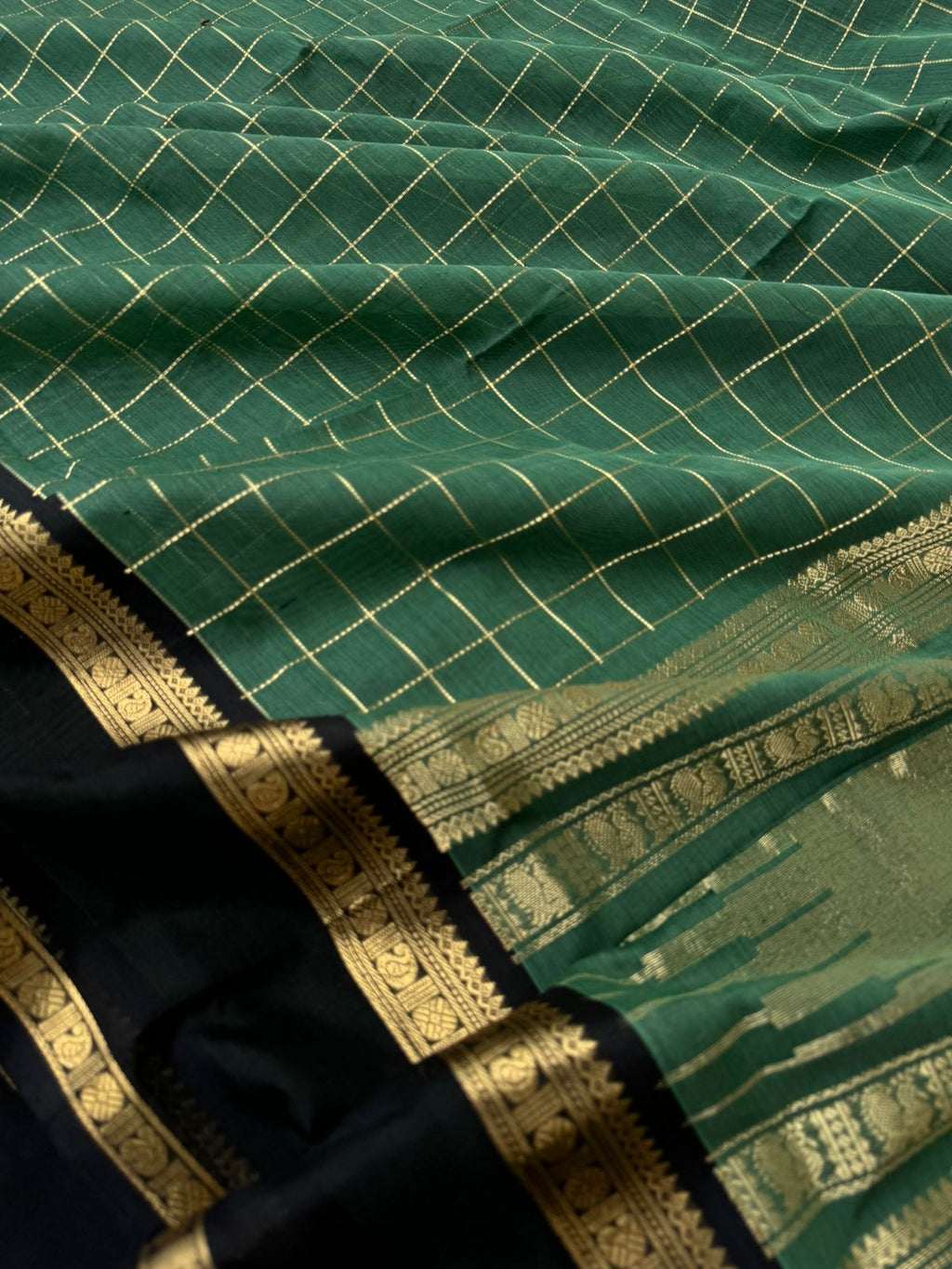 Zari Kissed Silk Cotton - unusual green black muthu kattam