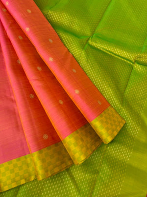 Album Untouched - stunning peach and apple green with mat chex woven borders with full zari brocade woven pallu and blouse