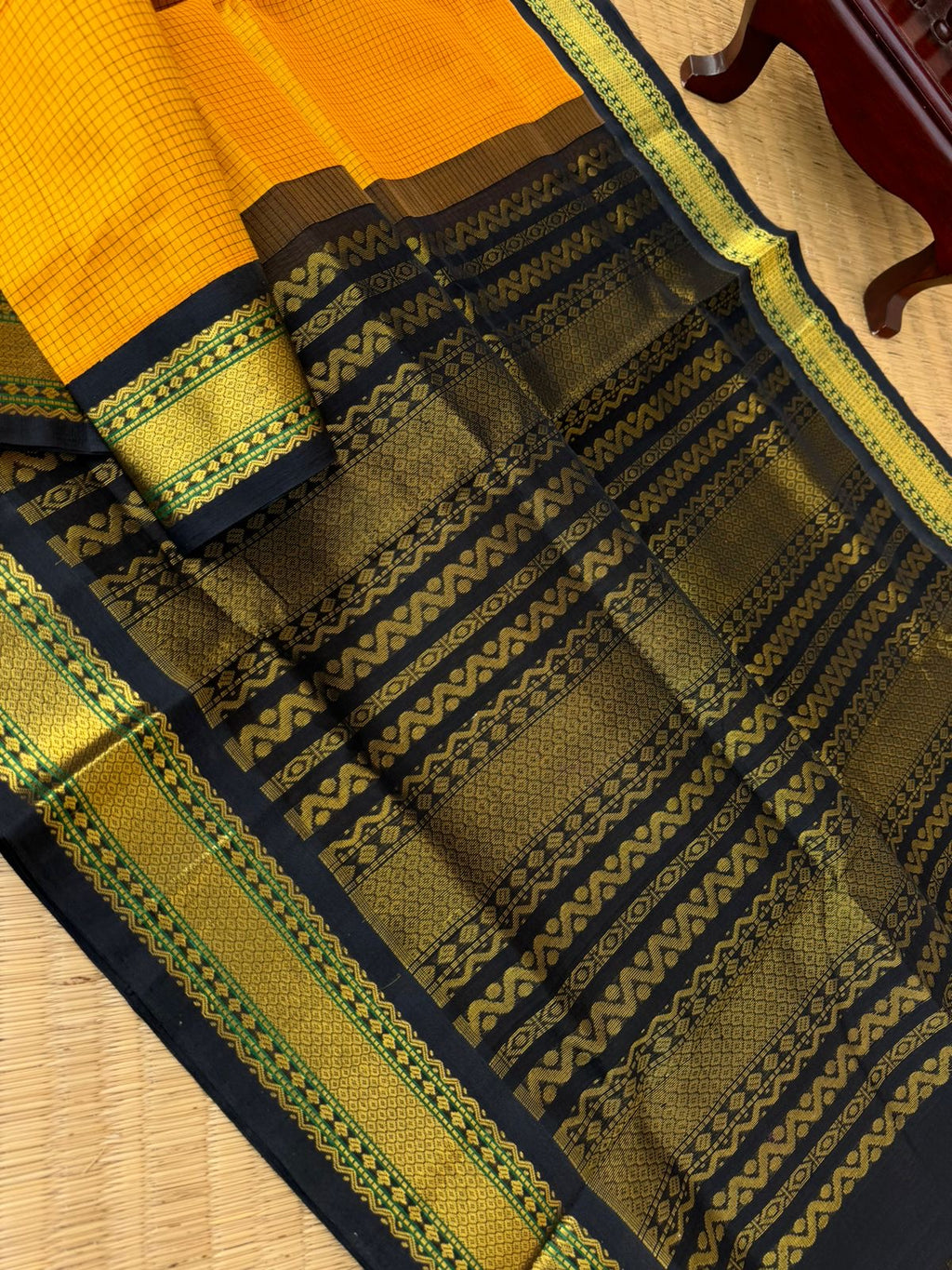 Kattams on Korvai Silk Cotton - mustard and black