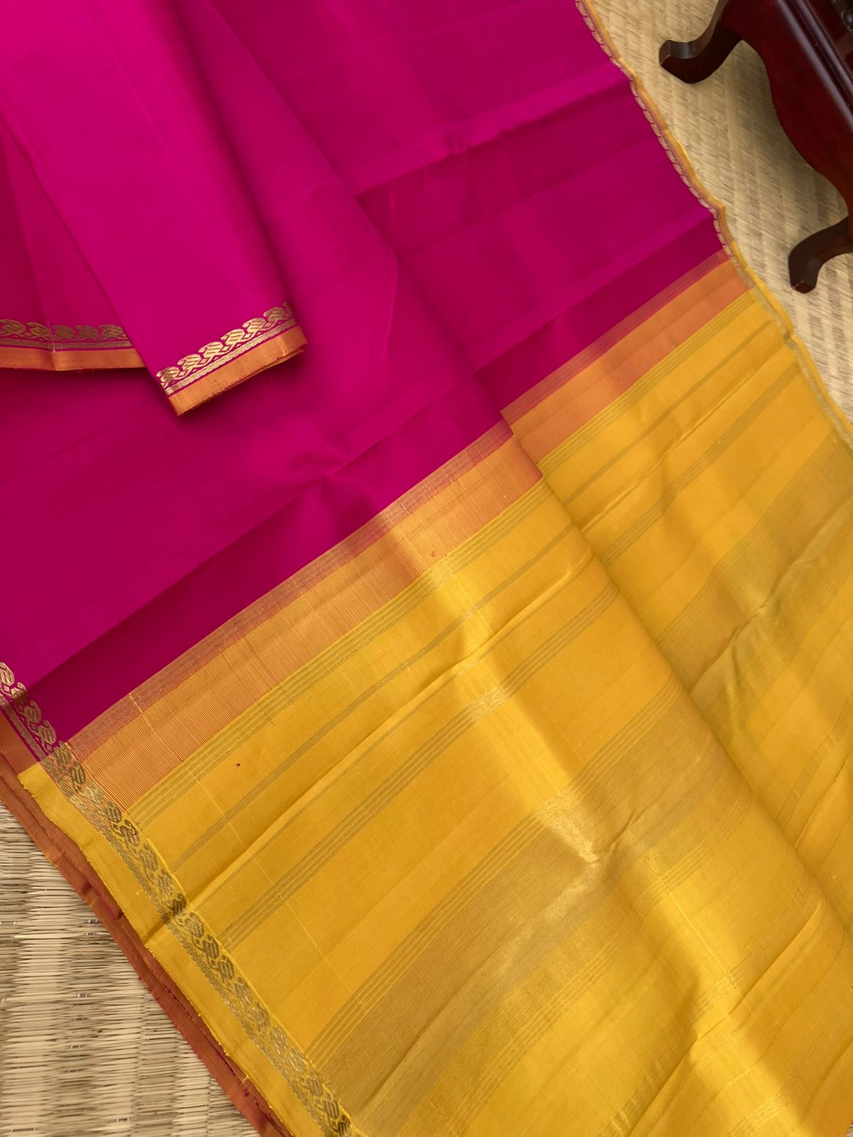 Shree - Stunning Small Border Kanchivarams - the most gorgeous pink and yellow with smaller paisley woven borders