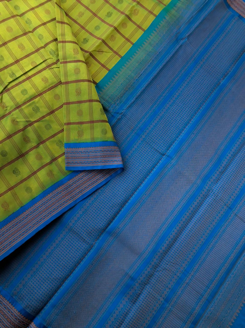 Divyam - Korvai Silk Cotton with Pure Silk Woven Borders - mustard mixed green 1000 buttas