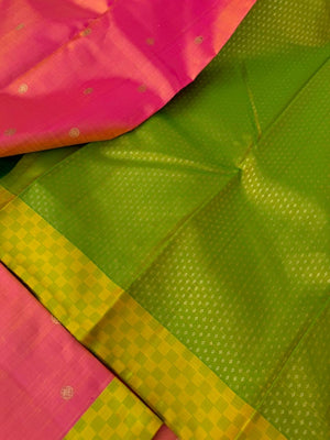 Album Untouched - stunning peach and apple green with mat chex woven borders with full zari brocade woven pallu and blouse