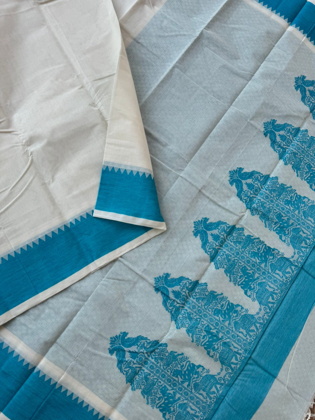 Mangalavastaram - off white and blue with gopuram vanasingaram woven pallu with lakshadeepam woven blouse