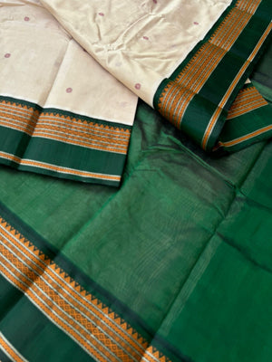 Divyam - Korvai Silk Cotton with Pure Silk Woven Borders - off white and green