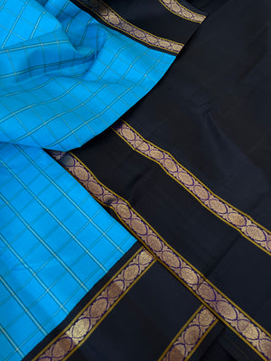 Vintage Ragas on Kanchivaram - amazing anandha blue and black kattam woven body with laddu kamalam woven retta pett borders