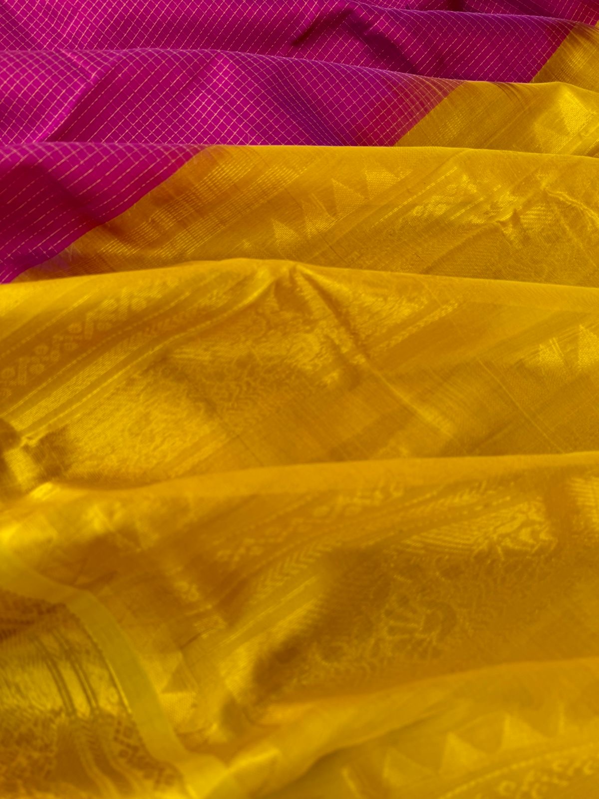 Kattams on Korvai Silk Cotton - deep dark pink and golden mustard