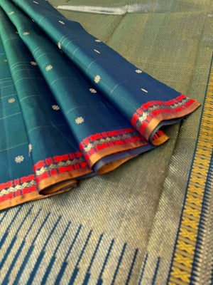 Shree - Stunning Small Border Kanchivarams - beautiful dual tone deep peacock blue green with seep reek pallu