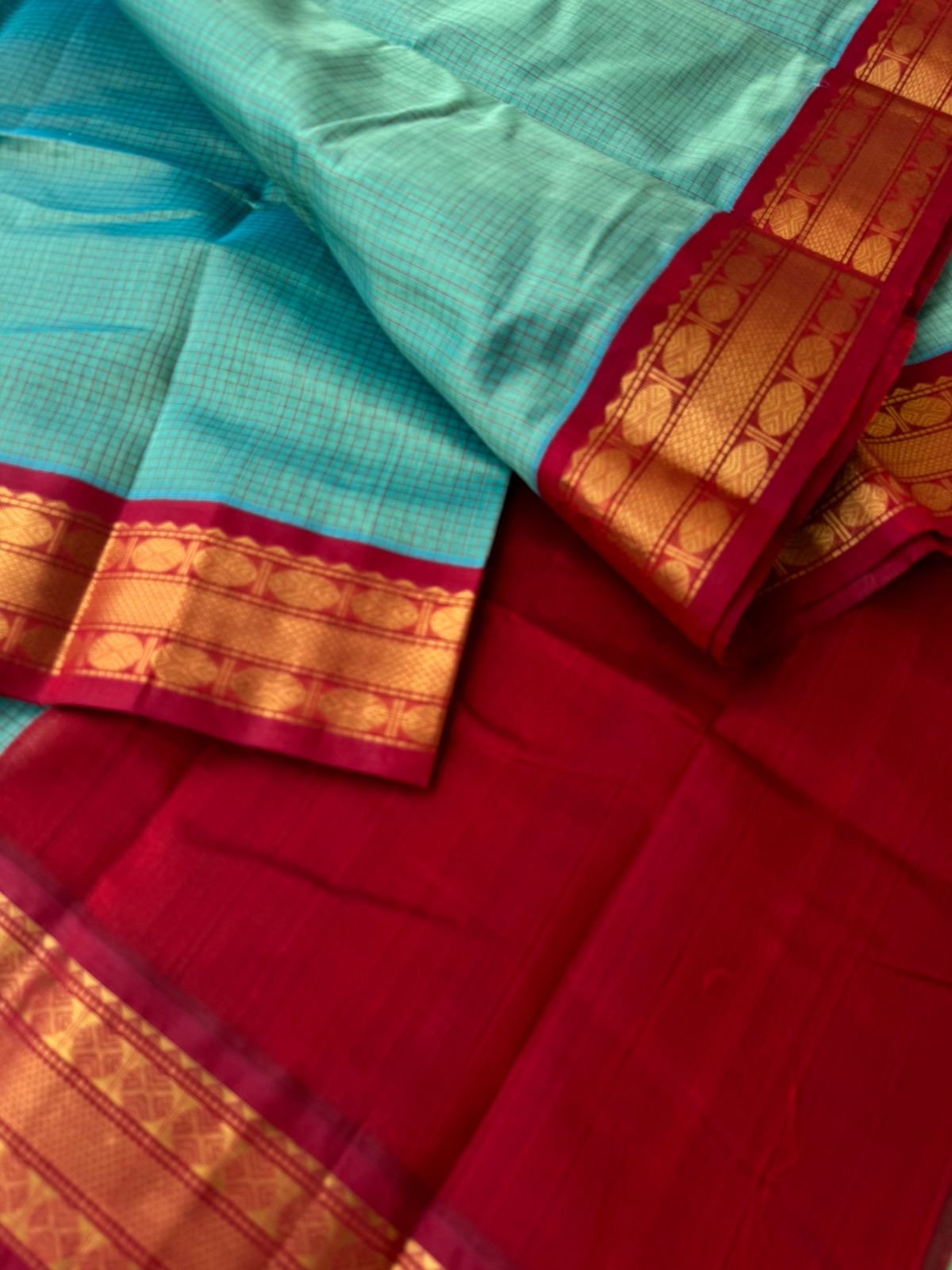 Kattams on Korvai Silk Cotton - pale teal and maroon