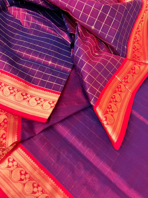 Zari Kissed Silk Cotton - red short violet purple with muthukattam body and paisley woven borders