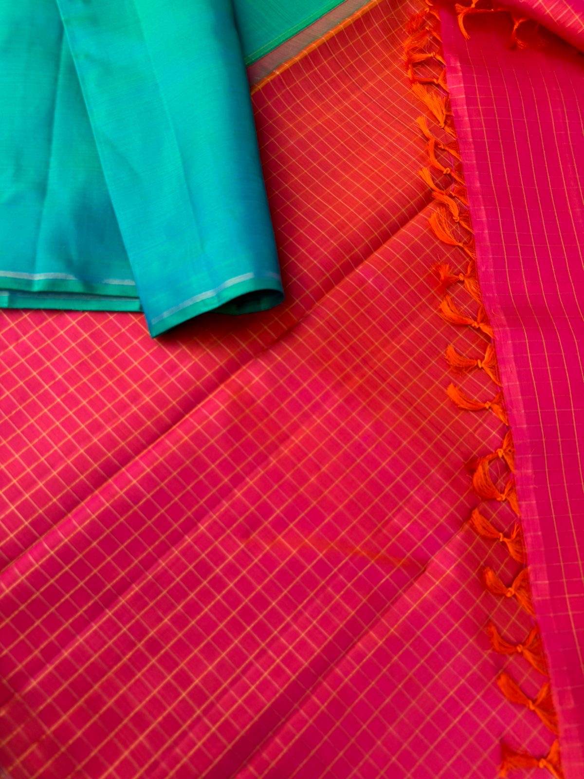 Contrast Play on Full Plain Kanchivarams - beautiful dual tone apple green short blue body with pink short orange pallu and blouse