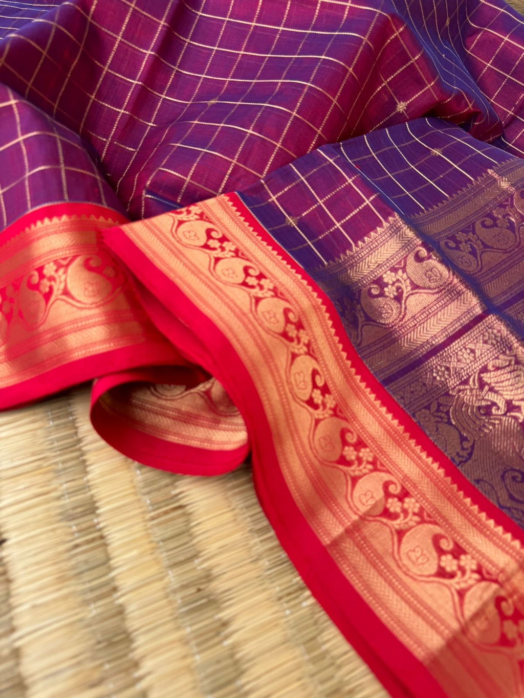 Zari Kissed Silk Cotton - red short violet purple with muthukattam body and paisley woven borders
