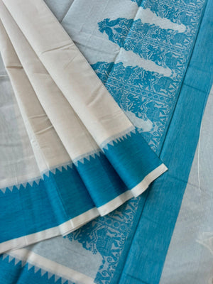 Mangalavastaram - off white and blue with gopuram vanasingaram woven pallu with lakshadeepam woven blouse