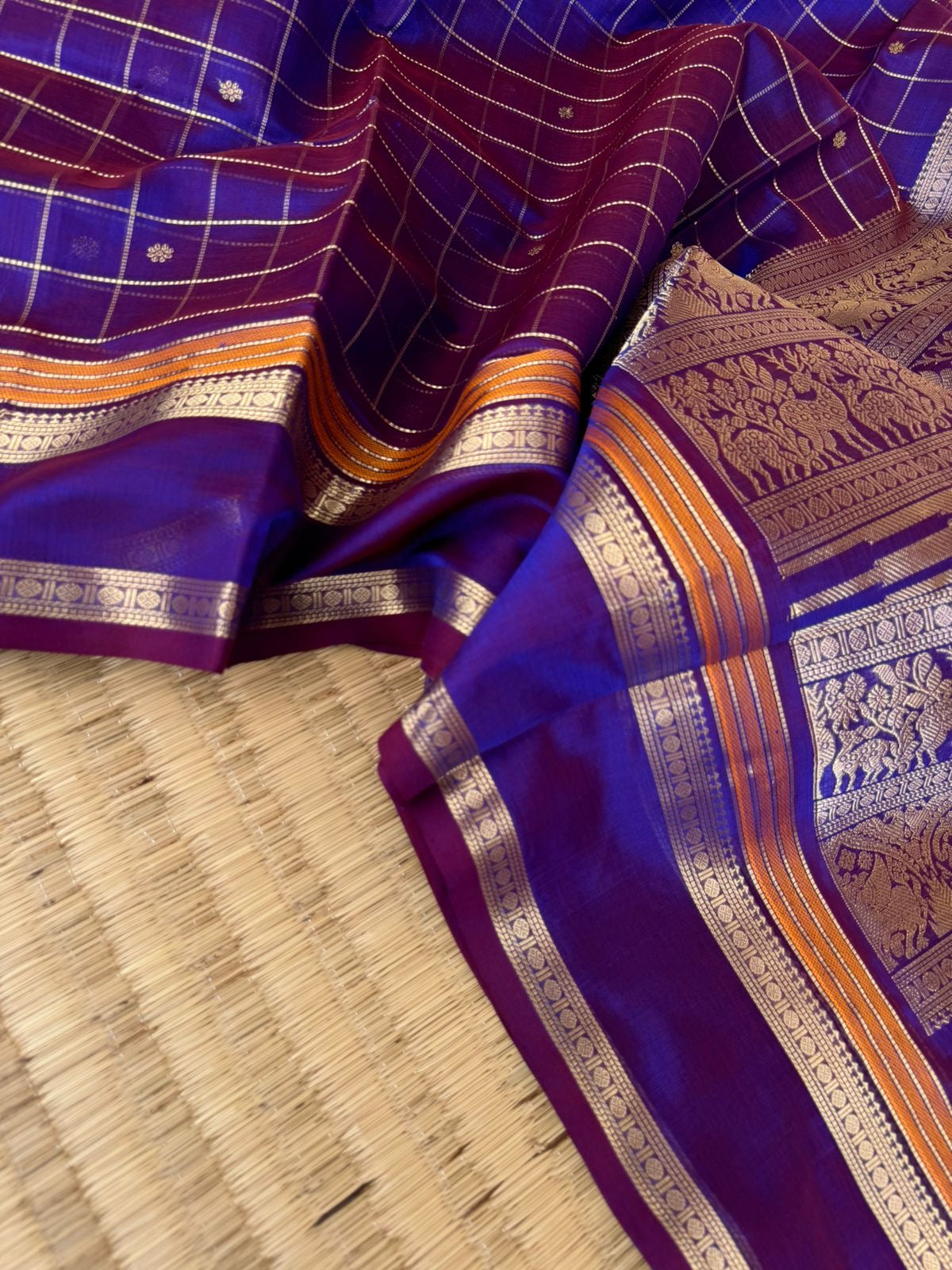 Zari Kissed Silk Cotton - dark maroon mixed blue muthu kattam