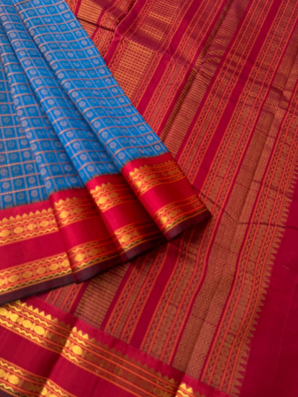 Divyam - Korvai Silk Cotton with Pure Silk Woven Borders - burnt blue and red 1000 buttas