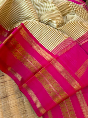 Statement of Kanchivaram - KK6 - most beautiful and traditional grandmother style Kanchivaram with rani pink borders pallu and blouse with cream and beige kasa kasa ( tiny ) chexz woven body