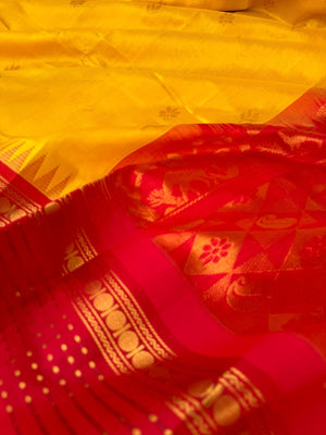 Korvai Silk Cotton - yellow and red with lakshadeepam woven borders