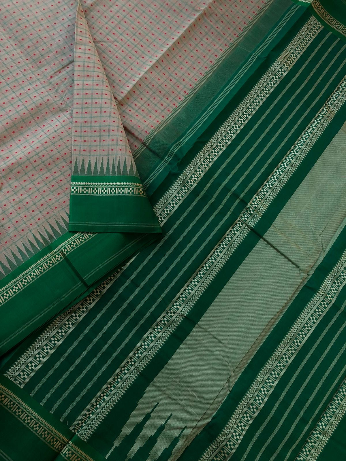 Mira - Our Exclusive Cotton body with Pure Silk Korvai Borders - deep beige and Meenakshi green Lakshadeepam