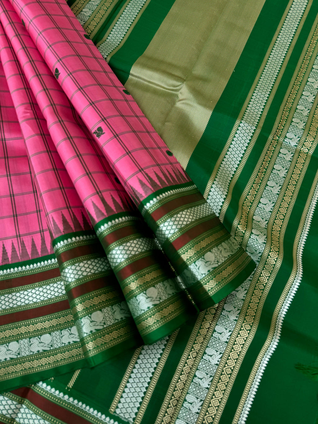 Sahasram - floral pink and Meenakshi green with chex woven buttas