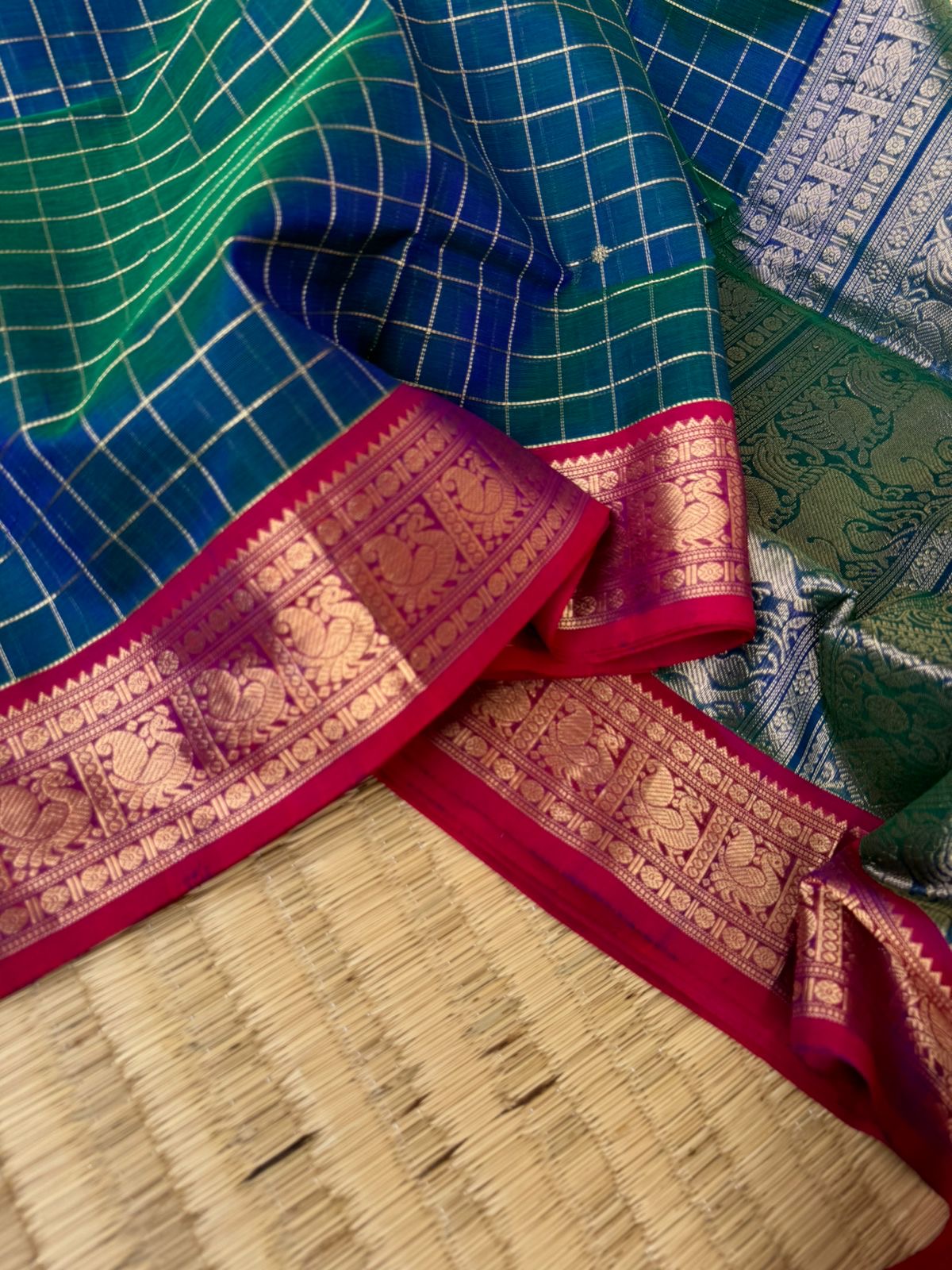 Zari Kissed Silk Cotton - dual tone peacock blue green muthukattam