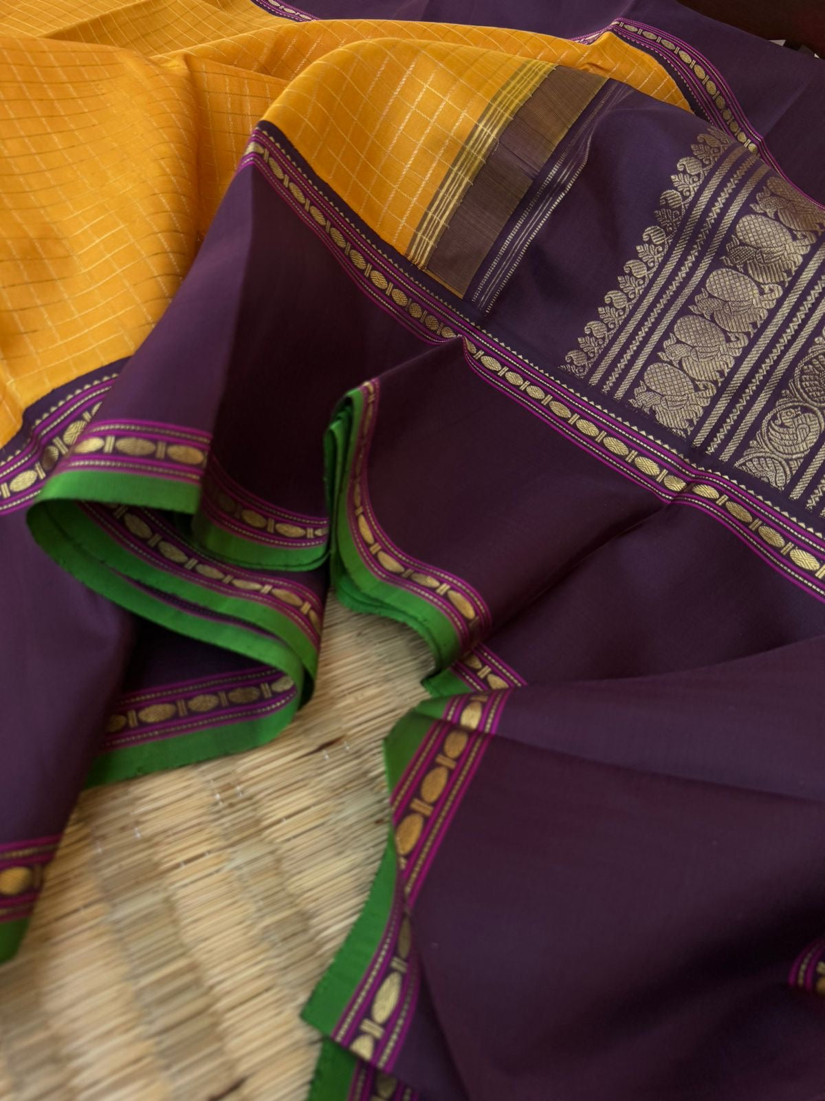 Vintage Ragas on Korvai Kanchivaram - traditional at the best mustard and beetle nut zari woven muthukattam with beetle nut purple retta pett borders