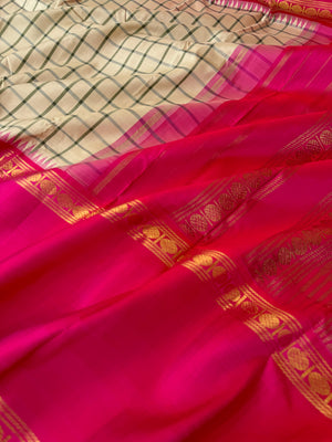 Truly Vintage - most beautiful ivory off white and pink rudurakasham woven 12’ Inch korvai borders