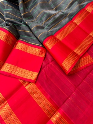 Divyam - Korvai Silk Cotton with Pure Silk Woven Borders - grey and red veldhari