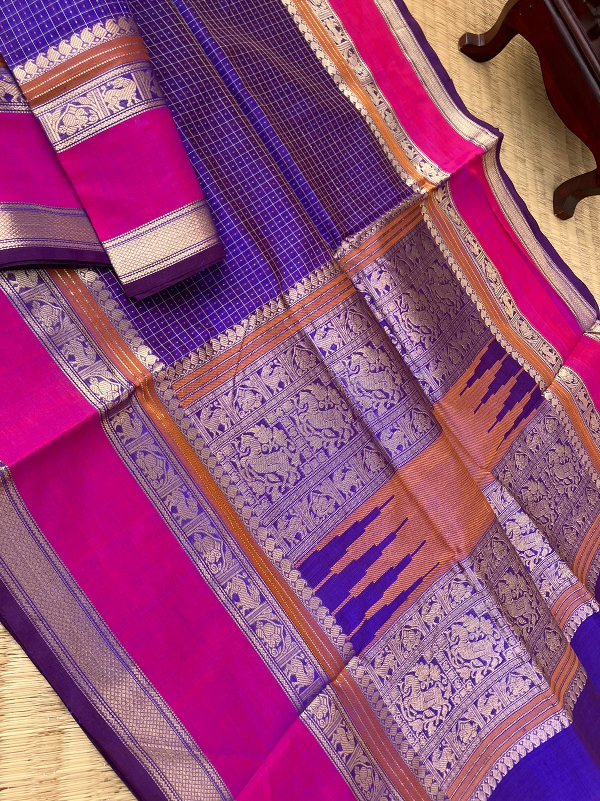 Traditional Colours Woven Motifs Silk Cotton - blue violet lakshadeepam