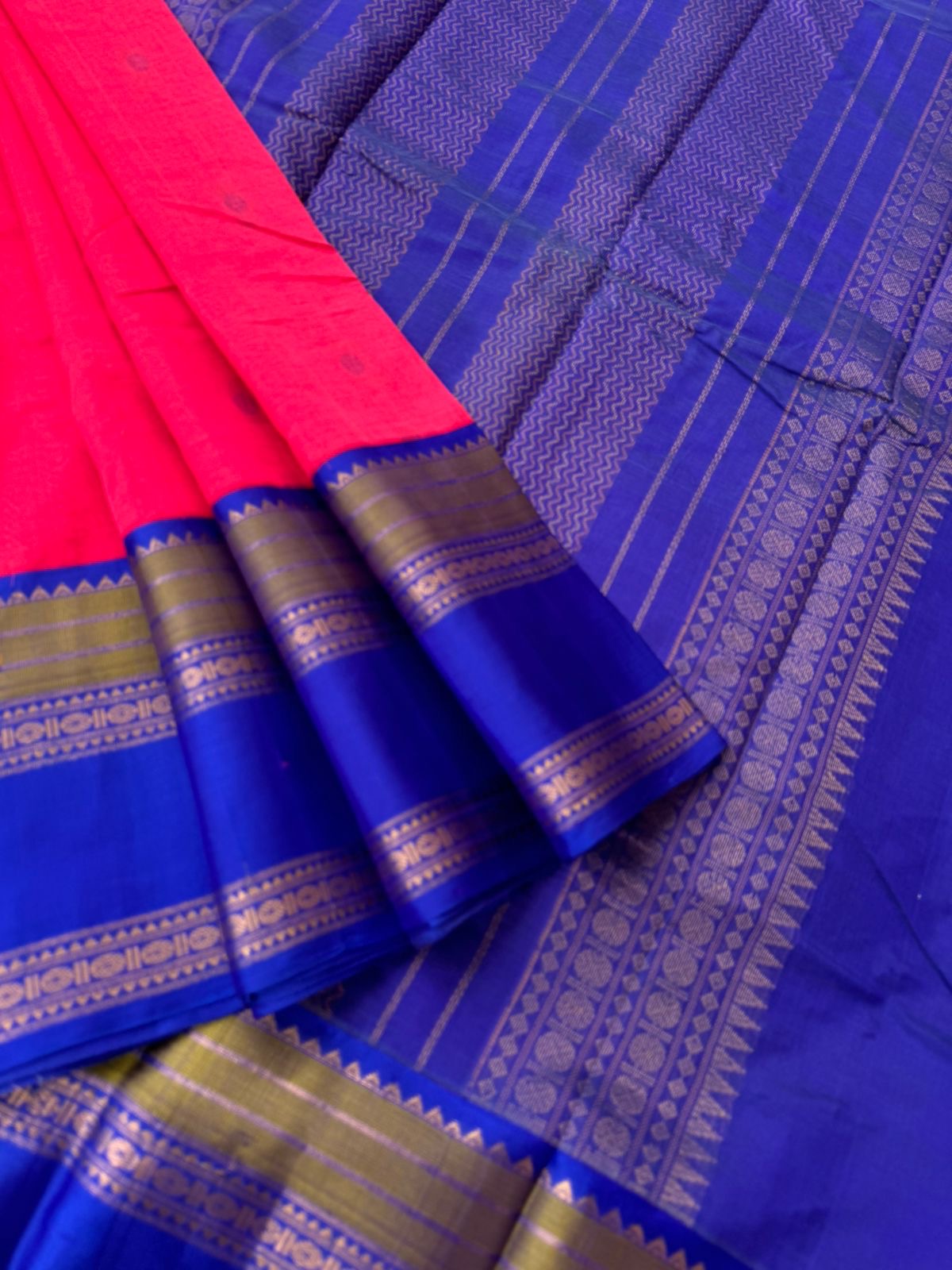 Divyam - Korvai Silk Cotton with Pure Silk Woven Borders - vibrant pink and blue