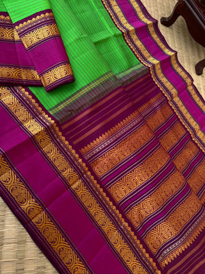 Vintage Ragas on Korvai Kanchivaram - stunning parrot green and deep majenta no zari korvai Kanchivaram with jada nagam motifs woven borders