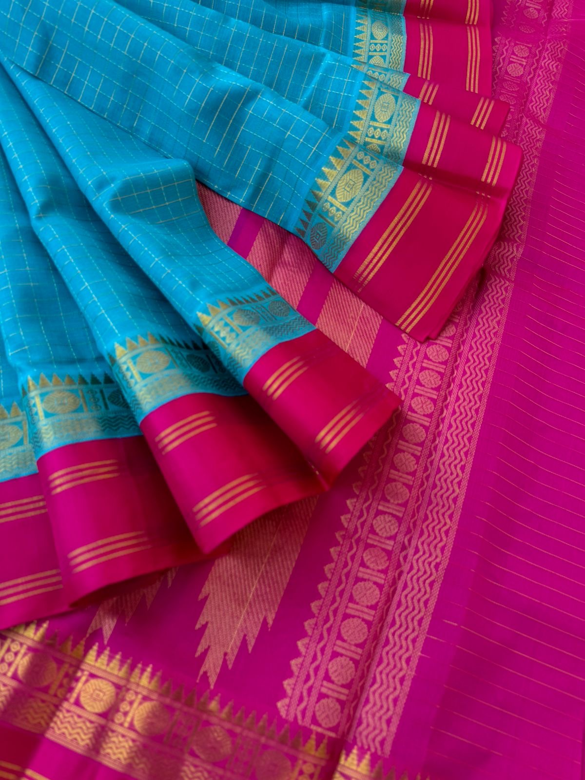 Korvai Silk Cotton - blue and pink zari kattam