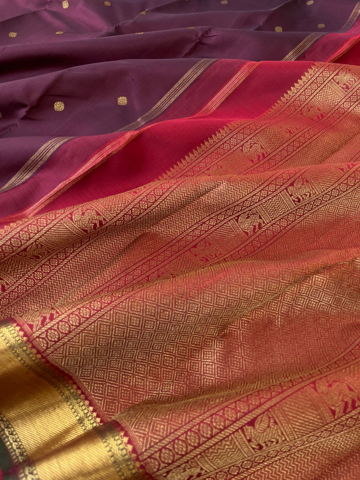 Treasures of Kanchivaram - Solid Gold Zari Woven Border Kanchivarams - buttel nut maroon and deepest red with gorgeous grand pallu