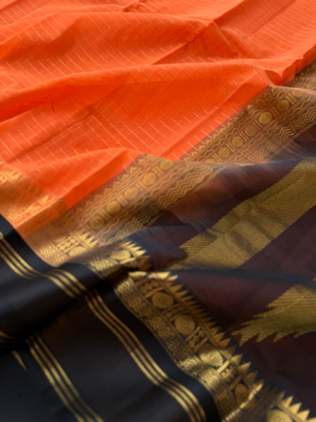 Kattams on Korvai Silk Cotton - pale orange and black