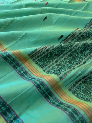 Mangalavastaram - dual tone aqua with fish woven borders