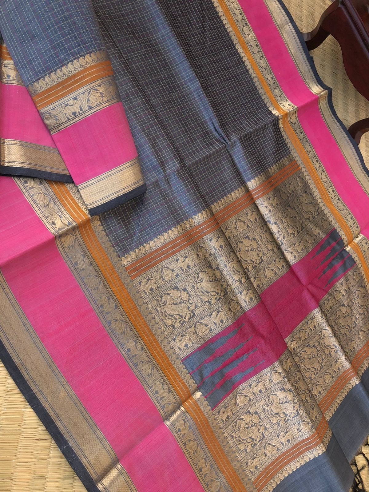 Woven Motifs Silk Cotton - stunning steel grey Lakshadeepam with short pink woven borders