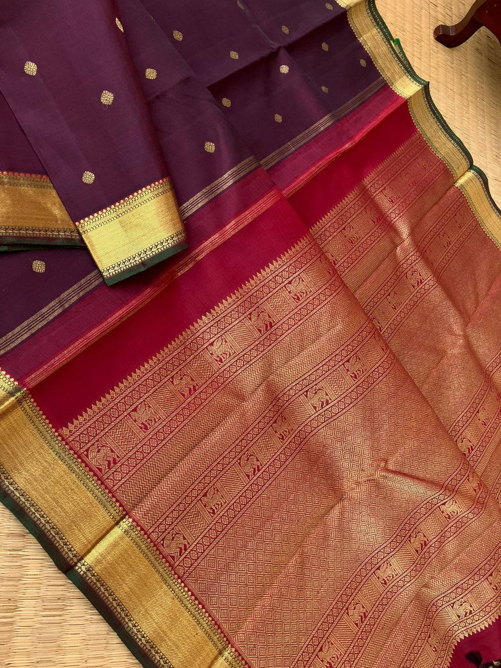 Treasures of Kanchivaram - Solid Gold Zari Woven Border Kanchivarams - buttel nut maroon and deepest red with gorgeous grand pallu