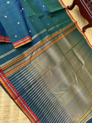 Shree - Stunning Small Border Kanchivarams - beautiful dual tone deep peacock blue green with seep reek pallu